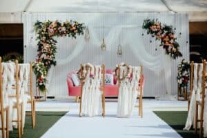 Elegant Outdoor Wedding Ceremony Setup with Floral Decorations